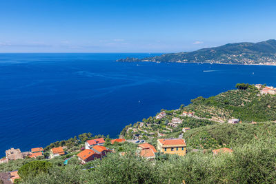 Panoramic view from chiavari to ligurian seaside portofino area and mediterranean sea, italy