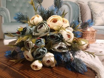 High angle view of rose bouquet on table