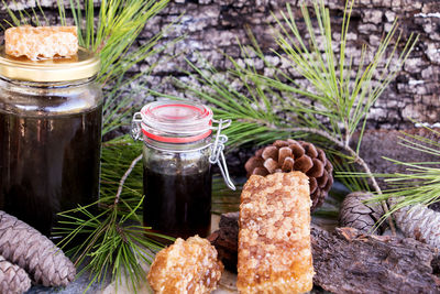 Close-up of drink in glass jar on table