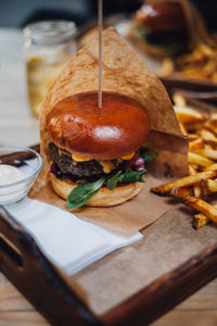 Close-up of food served on table