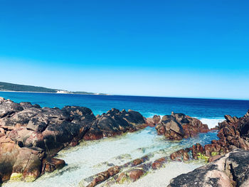 Scenic view of sea against blue sky