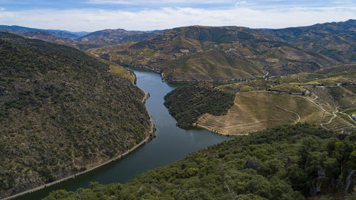 High angle view of douro river and mountains against sky