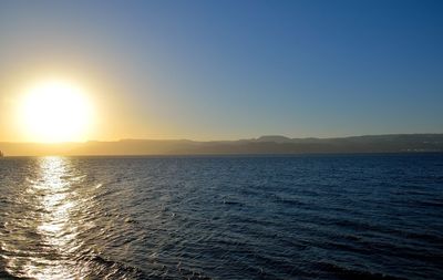 Scenic view of sea against clear sky during sunset