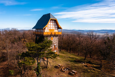 Aerial view of the famous sasberc lookout tower which is the highest point of cserhat mountain.