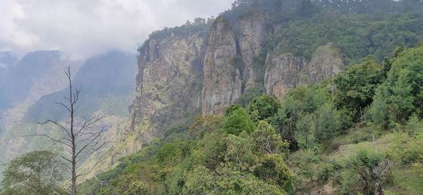 Panoramic view of trees and mountains against sky