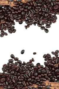 High angle view of coffee beans against white background