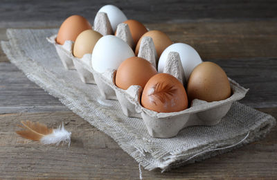 High angle view of eggs on table