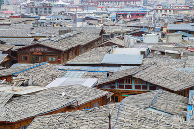 High angle view of residential buildings in city