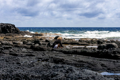 Man sitting on rock at beach against sky