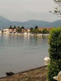 Scenic view of lake by buildings against sky