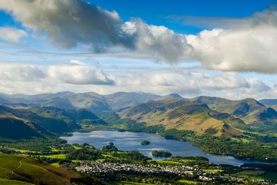 Scenic view of lake and mountains against sky