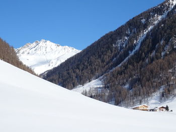 Scenic view of snowcapped mountains against clear sky