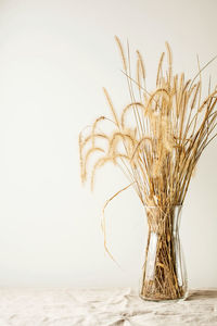 Modern fashionable still life of a bouquet of dried flowers in a glass vase on a wooden table. 