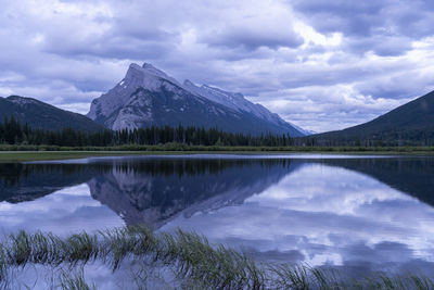 Scenic view of lake by mountains against sky