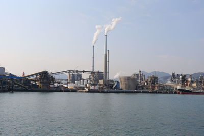 Panoramic view of factory against clear sky