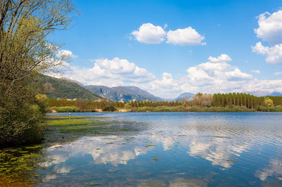 Scenic view of lake against cloudy sky