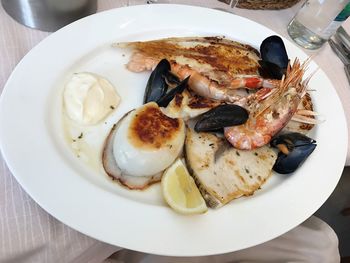 High angle view of breakfast in plate on table