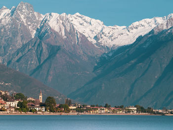 Scenic view of sea and snowcapped mountain against sky