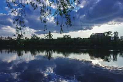 Scenic view of lake against cloudy sky