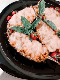 High angle view of meat in frying pan