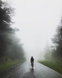 Rear view of man riding bicycle on road during foggy weather