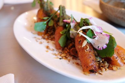 Close-up of food served on table