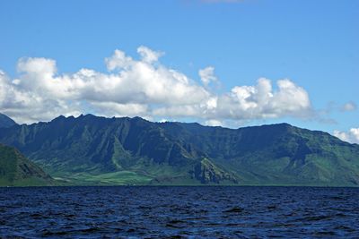 Scenic view of sea by mountains against sky