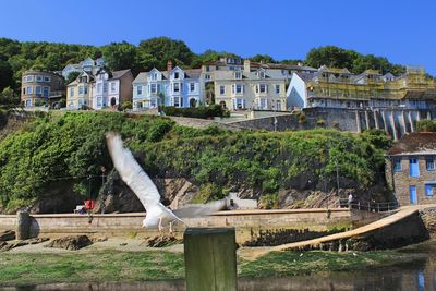 Built structure against clear sky with trees in foreground