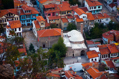 High angle view of buildings in town