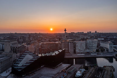 High angle view of city buildings during sunset