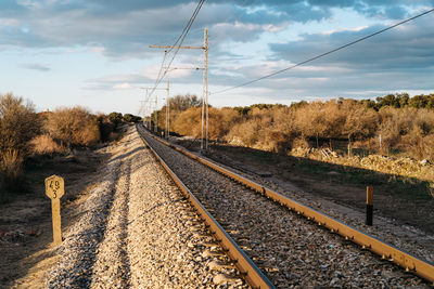 Railroad track amidst trees against sky