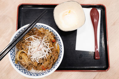 High angle view of breakfast on table