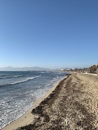 Scenic view of beach against clear blue sky