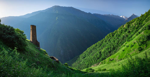 Ancient chechen towers in the caucasus mountains