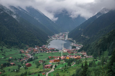 High angle view of townscape and mountains against sky. landscape in uzungol, turkey