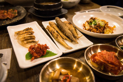 High angle view of food served on table