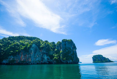 Scenic view of sea and rock formation against sky