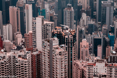 High angle view of modern buildings in city