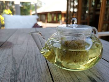 Close-up of tea in glass on table