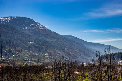 Scenic view of land and mountains against sky