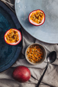 High angle view of fruits in bowl on table