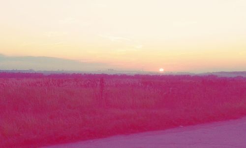 Scenic view of landscape against dramatic sky during sunset