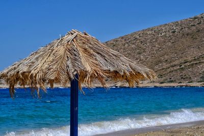 Scenic view of beach against clear blue sky