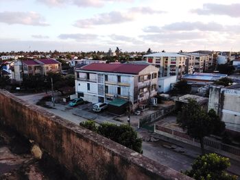 High angle view of buildings against sky