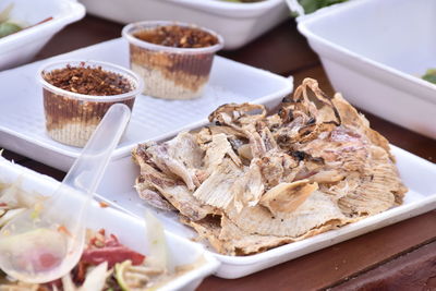High angle view of food in plate on table