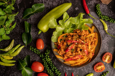 High angle view of fruits and vegetables on plate