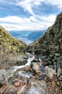 Scenic view of river amidst mountains against sky