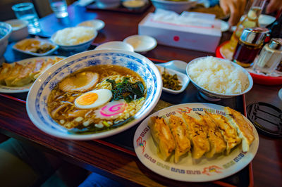 Close-up of food served on table