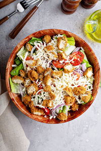 High angle view of pizza on table