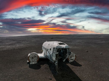 Aerial view of the old crashed plane abandoned on solheimasandur beach near vik,iceland.